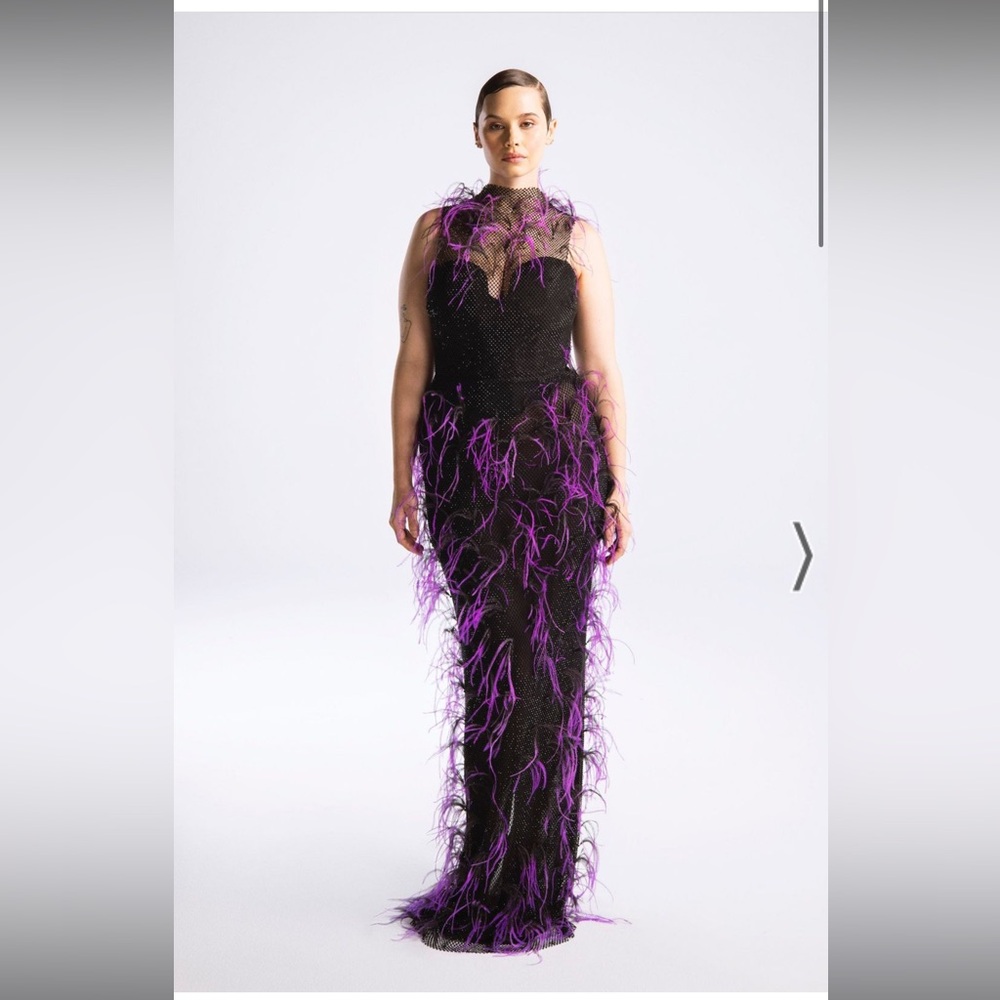 Hanifa Black Maxi Gown with Purple Feather Detailing